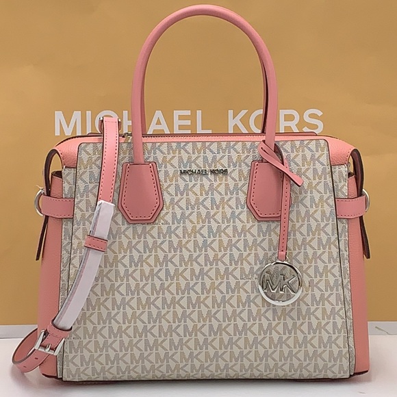 MICHAEL KORS MERCER MEDIUM TOP ZIP BELTED SATCHEL PRIMROSE MULTI SIGNATURE - Picture 4 of 16